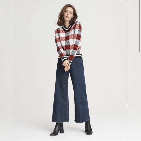 Rag & Bone 100% Fine Marino Wool V-Neck Sweater Red & Black Check Size XS NWOT - Picture 1 of 12